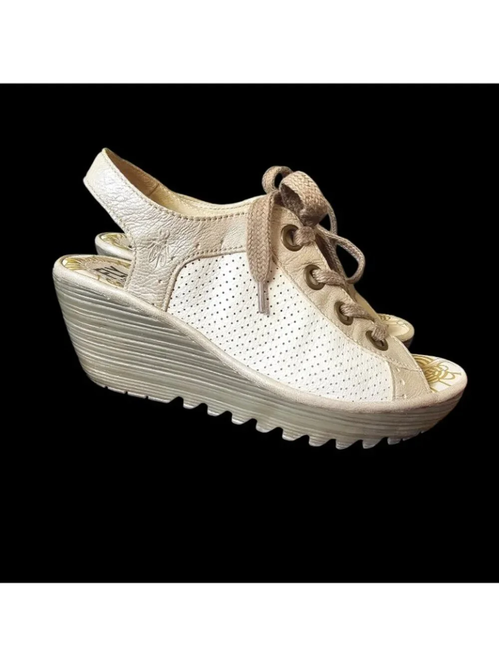 FLY LONDON Yuta Leather Peep Slingback Lace Wedge Heel Sandals Sz‎ 39 Sz 8 8.5